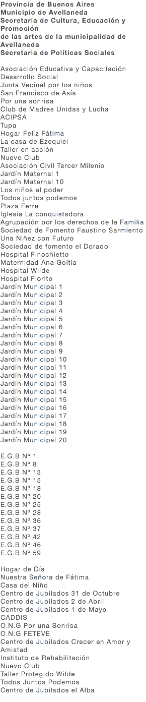 Provincia de Buenos Aires Municipio de Avellaneda Secretaria de Cultura, Educación y Promoción de las artes de la municipalidad de Avellaneda Secretaria de Políticas Sociales Asociación Educativa y Capacitación Desarrollo Social Junta Vecinal por los niños San Francisco de Asís Por una sonrisa Club de Madres Unidas y Lucha ACIPSA Tupa Hogar Feliz Fátima La casa de Ezequiel Taller en acción Nuevo Club Asociación Civil Tercer Milenio Jardín Maternal 1 Jardín Maternal 10 Los niños al poder Todos juntos podemos Plaza Ferre Iglesia La conquistadora Agrupación por los derechos de la Familia Sociedad de Fomento Faustino Sarmiento Una Niñez con Futuro Sociedad de fomento el Dorado Hospital Finochietto Maternidad Ana Goitia Hospital Wilde Hospital Fiorito Jardín Municipal 1 Jardín Municipal 2 Jardín Municipal 3 Jardín Municipal 4 Jardín Municipal 5 Jardín Municipal 6 Jardín Municipal 7 Jardín Municipal 8 Jardín Municipal 9 Jardín Municipal 10 Jardín Municipal 11 Jardín Municipal 12 Jardín Municipal 13 Jardín Municipal 14 Jardín Municipal 15 Jardín Municipal 16 Jardín Municipal 17 Jardín Municipal 18 Jardín Municipal 19 Jardín Municipal 20 E.G.B Nº 1 E.G.B Nº 8 E.G.B Nº 13 E.G.B Nº 15 E.G.B Nº 18 E.G.B Nº 20 E.G.B Nº 25 E.G.B Nº 28 E.G.B Nº 36 E.G.B Nº 37 E.G.B Nº 42 E.G.B Nº 46 E.G.B Nº 59 Hogar de Día Nuestra Señora de Fátima Casa del Niño Centro de Jubilados 31 de Octubre Centro de Jubilados 2 de Abril Centro de Jubilados 1 de Mayo CADDIS O.N.G Por una Sonrisa O.N.G FETEVE Centro de Jubilados Crecer en Amor y Amistad Instituto de Rehabilitación Nuevo Club Taller Protegido Wilde Todos Juntos Podemos Centro de Jubilados el Alba 