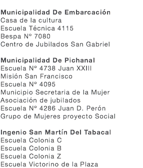  Municipalidad De Embarcación Casa de la cultura Escuela Técnica 4115 Bespa Nº 7080 Centro de Jubilados San Gabriel Municipalidad De Pichanal Escuela Nº 4738 Juan XXIII Misión San Francisco Escuela Nº 4095 Municipio Secretaria de la Mujer Asociación de jubilados Escuela Nº 4286 Juan D. Perón Grupo de Mujeres proyecto Social Ingenio San Martín Del Tabacal Escuela Colonia C Escuela Colonia B Escuela Colonia Z Escuela Victorino de la Plaza