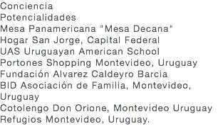 Conciencia Potencialidades Mesa Panamericana "Mesa Decana" Hogar San Jorge, Capital Federal UAS Uruguayan American School Portones Shopping Montevideo, Uruguay Fundación Alvarez Caldeyro Barcia BID Asociación de Familia, Montevideo, Uruguay Cotolengo Don Orione, Montevideo Uruguay Refugios Montevideo, Uruguay. 