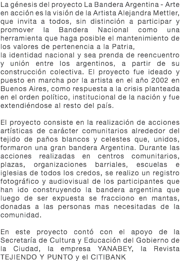 La génesis del proyecto La Bandera Argentina - Arte en acción es la visión de la Artista Alejandra Mettler, que invita a todos, sin distinción a participar y promover la Bandera Nacional como una herramienta que haga posible el mantenimiento de los valores de pertenencia a la Patria, la identidad nacional y sea prenda de reencuentro y unión entre los argentinos, a partir de su construcción colectiva. El proyecto fue ideado y puesto en marcha por la artista en el año 2002 en Buenos Aires, como respuesta a la crisis planteada en el orden político, institucional de la nación y fue extendiéndose al resto del país. El proyecto consiste en la realización de acciones artísticas de carácter comunitarios alrededor del tejido de paños blancos y celestes que, unidos, formaron una gran bandera Argentina. Durante las acciones realizadas en centros comunitarios, plazas, organizaciones barriales, escuelas e iglesias de todos los credos, se realizo un registro fotográfico y audiovisual de los participantes que han ido construyendo la bandera argentina que luego de ser expuesta se fracciono en mantas, donadas a las personas mas necesitadas de la comunidad. En este proyecto contó con el apoyo de la Secretaría de Cultura y Educación del Gobierno de la Ciudad, la empresa YANABEY, la Revista TEJIENDO Y PUNTO y el CITIBANK